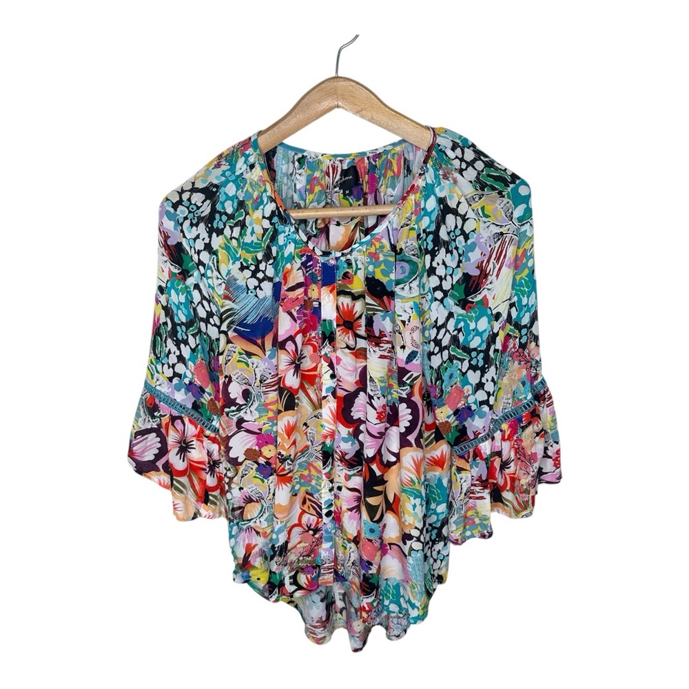 Shana Tropical Floral Top Size Medium High Low Hem Bell Sleeves Ladder Lace Trim